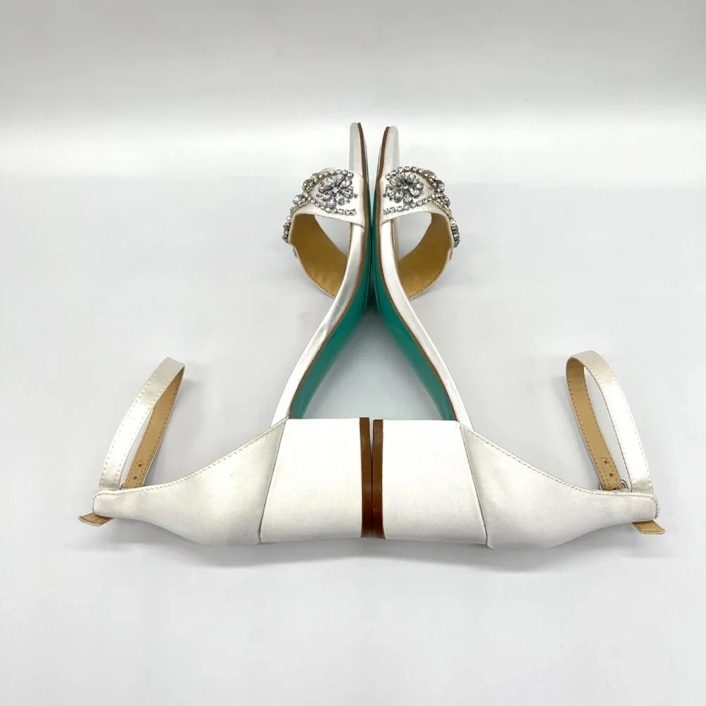 Betsey Johnson Size 8 Mel‎ Ivory White Satin Jeweled Heels Dress Sandals Shoes